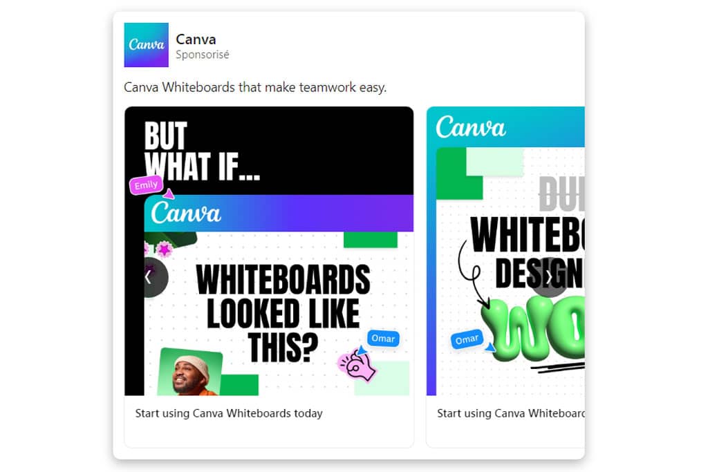 Article carrousel linkedin - Capture d'écran d'un post Linkedin carrousel sponsorisé de l'outil Canva