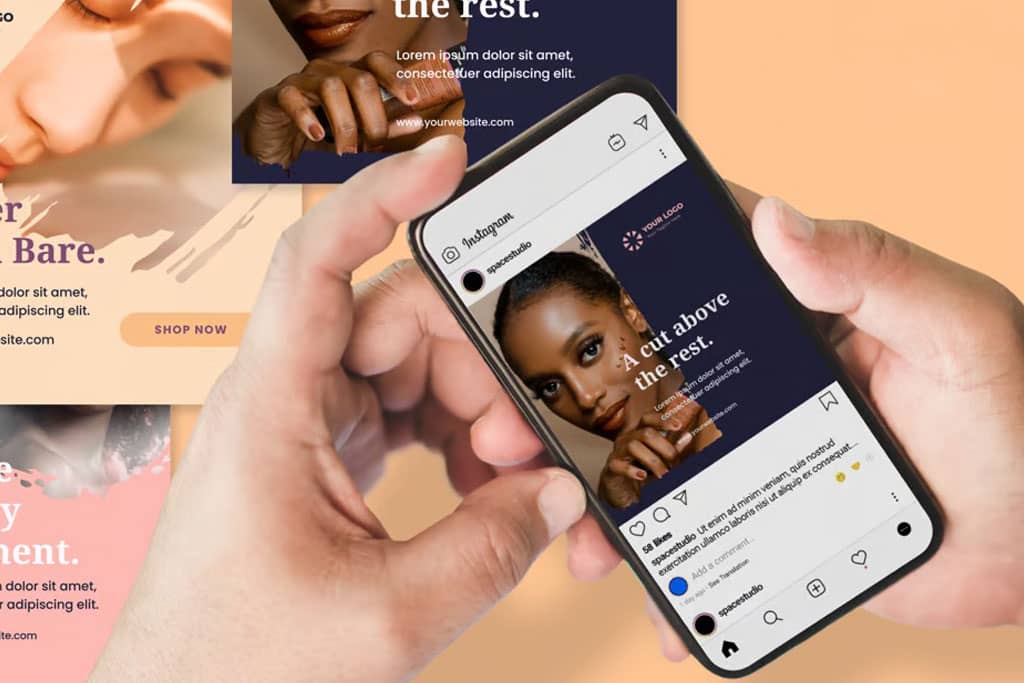 Article instagram pour les nuls - Vue sur un mockup avec deux mains tenant un téléphone affichant une publication Instagram