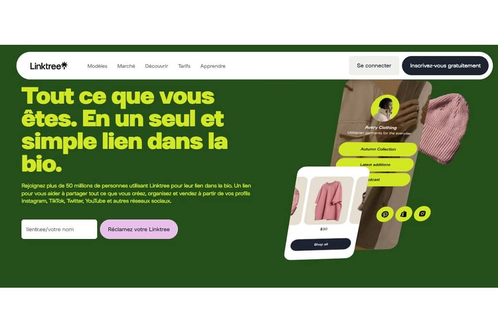 Article instagram pour les nuls - Capture d'écran de l'outil Linktree