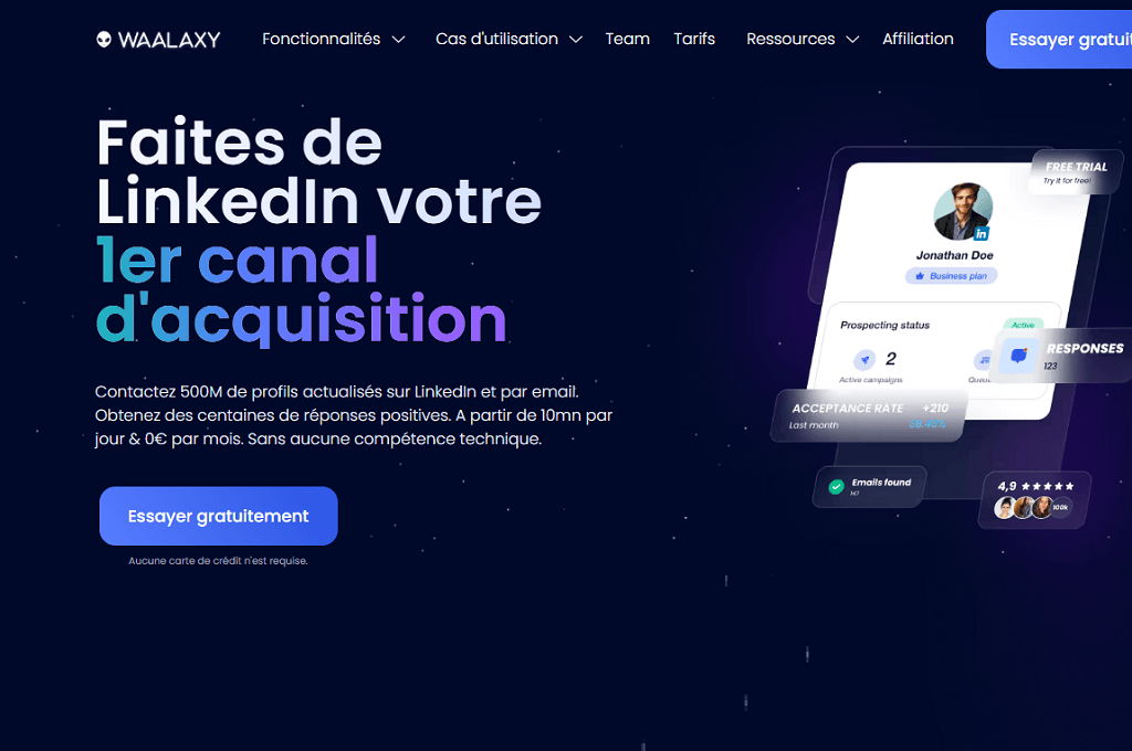 Article LinkedIn prospection - Capture d'écran de l'outil Waalaxy 