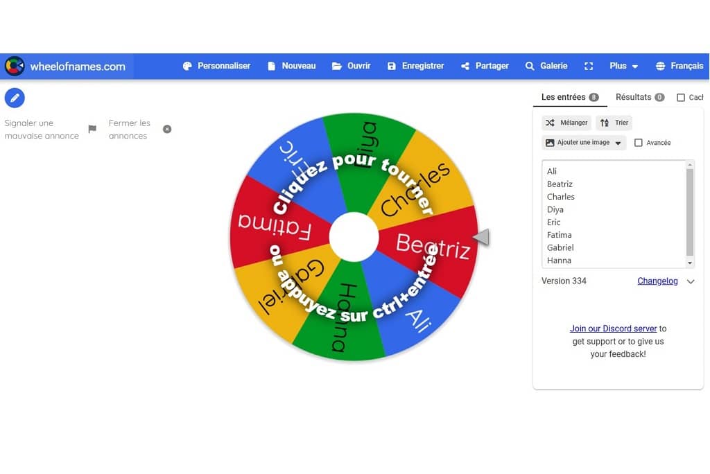 Article tirage au sort concours instagram - Capture d'écran de l'outil Wheel of Names